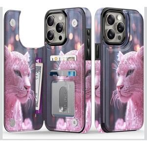 iPhone 15 Pro leather Wallet Case with Card Holder + Cash Clip Pink Leopard